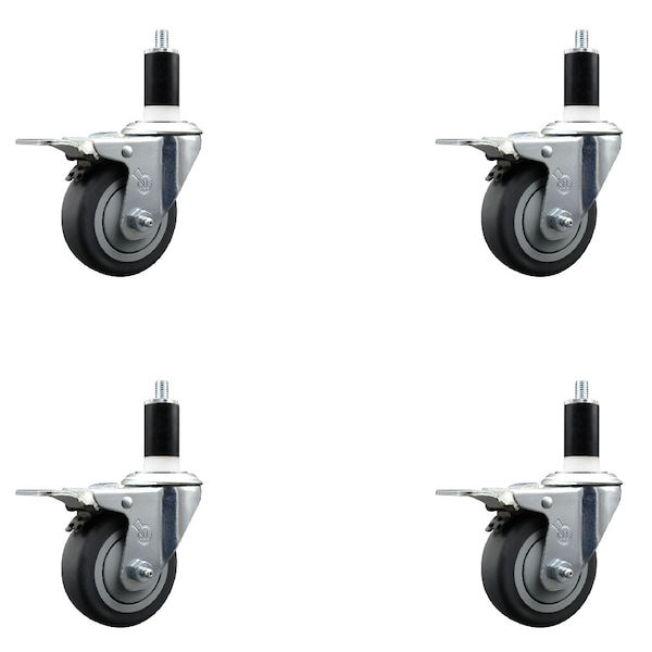 3.5'' SS Thermoplastic Rubber Swivel 1-3/8'' Expanding Stem Caster Set Total Lock Brake, 4PK